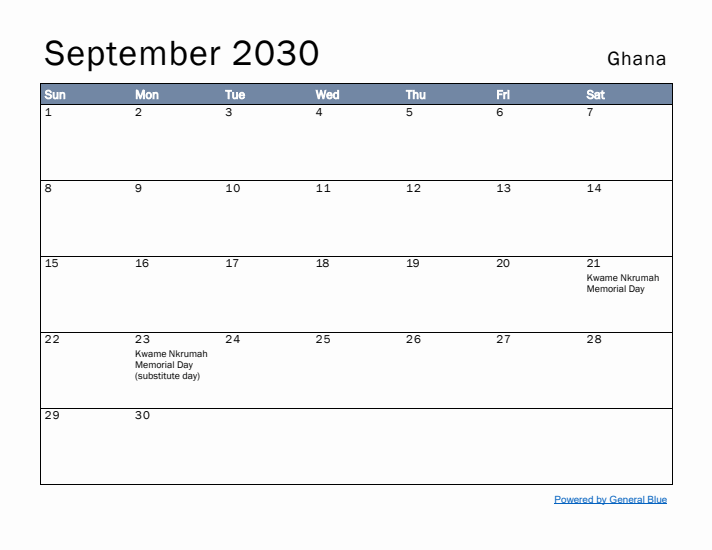September 2030 Simple Monthly Calendar for Ghana