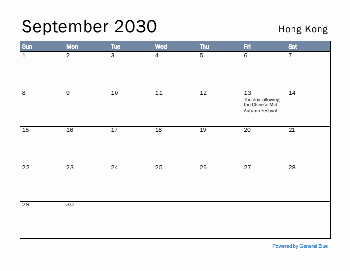 September 2030 Simple Monthly Calendar for Hong Kong