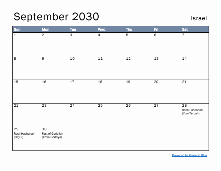 September 2030 Simple Monthly Calendar for Israel