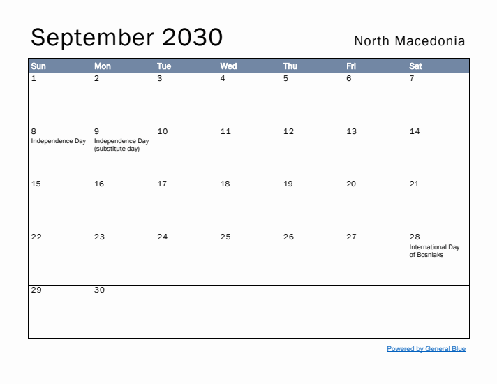 September 2030 Simple Monthly Calendar for North Macedonia