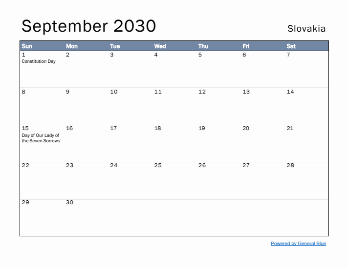 September 2030 Simple Monthly Calendar for Slovakia