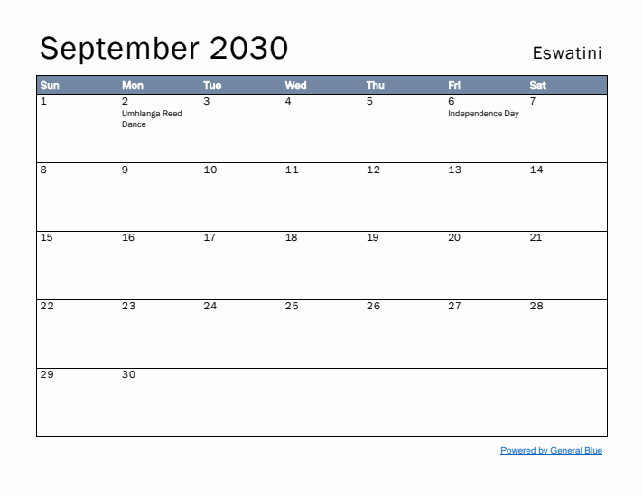 September 2030 Simple Monthly Calendar for Eswatini