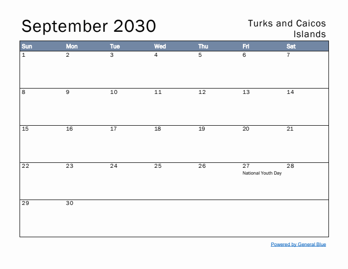 September 2030 Simple Monthly Calendar for Turks and Caicos Islands