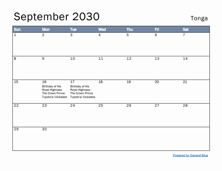 September 2030 Simple Monthly Calendar for Tonga