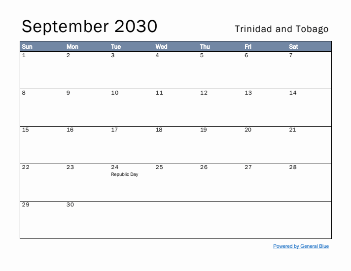 September 2030 Simple Monthly Calendar for Trinidad and Tobago