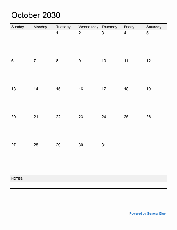 Basic Monthly Calendar Template for October 2030