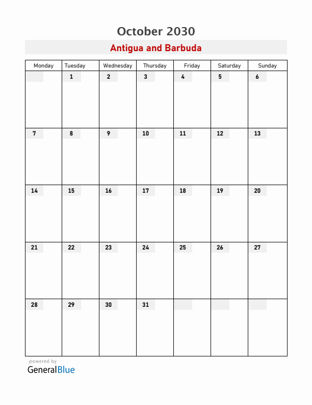 Antigua and Barbuda October 2030 Calendar with Holidays