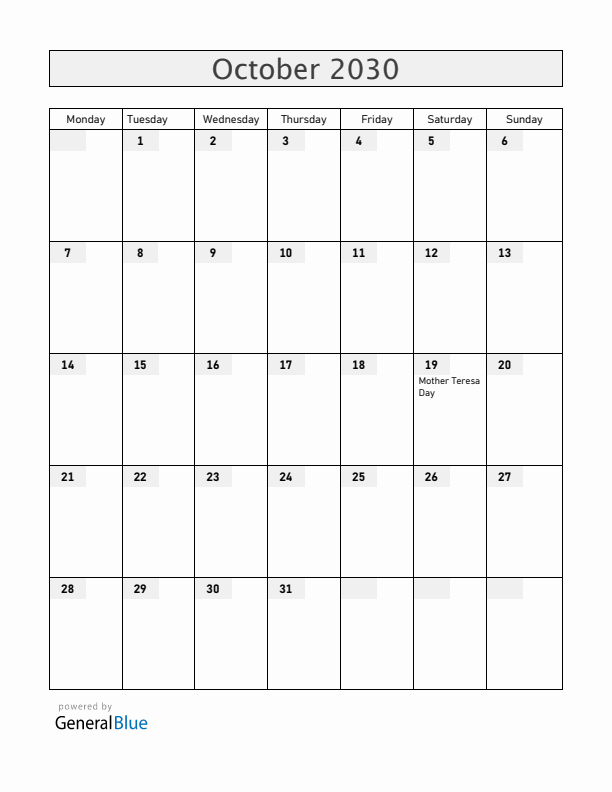 Albania October 2030 Calendar with Holidays