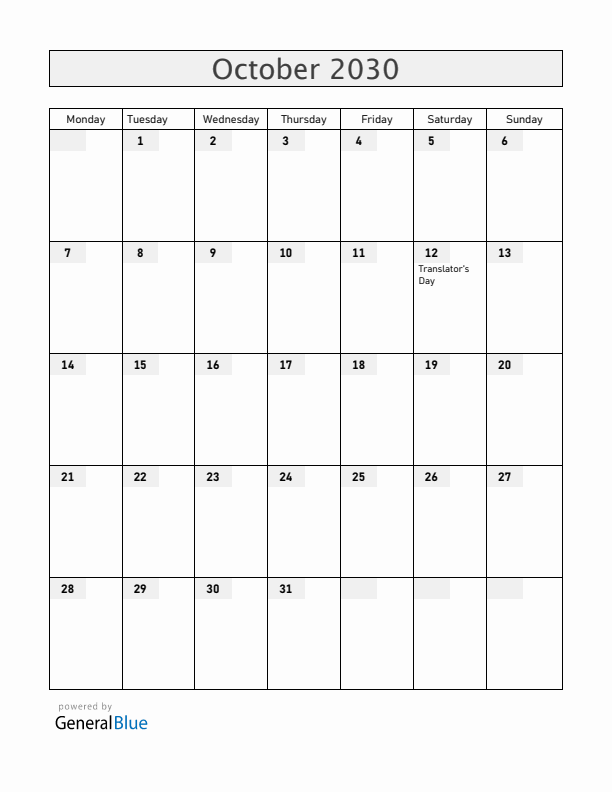 Armenia October 2030 Calendar with Holidays