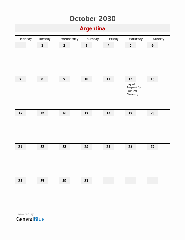 Argentina October 2030 Calendar with Holidays