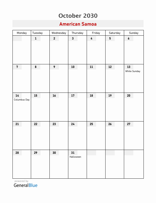 American Samoa October 2030 Calendar with Holidays