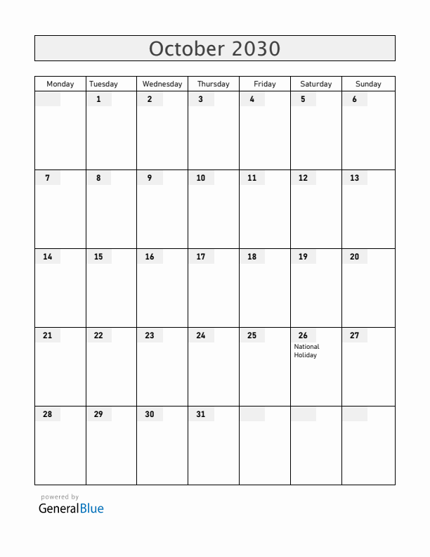 Austria October 2030 Calendar with Holidays