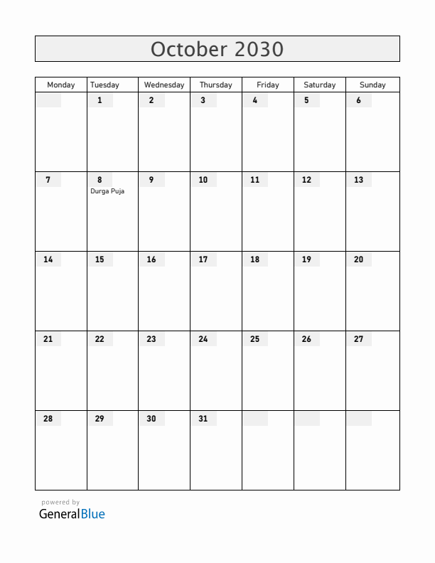 Bangladesh October 2030 Calendar with Holidays
