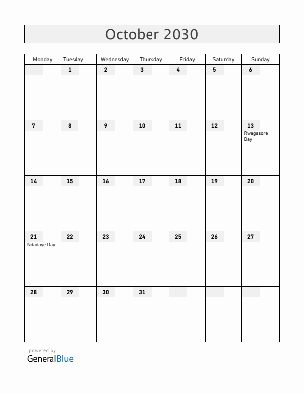 Burundi October 2030 Calendar with Holidays