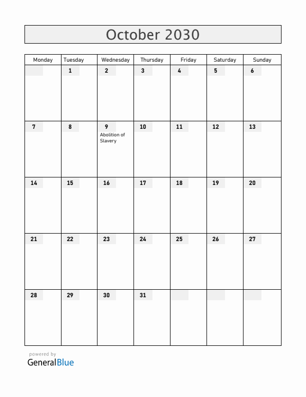 Saint Barthelemy October 2030 Calendar with Holidays