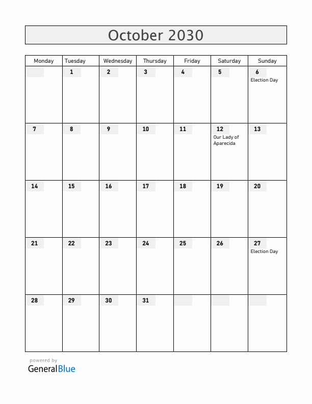 Brazil October 2030 Calendar with Holidays