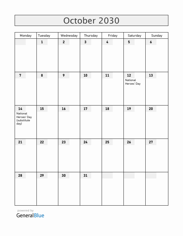 Bahamas October 2030 Calendar with Holidays