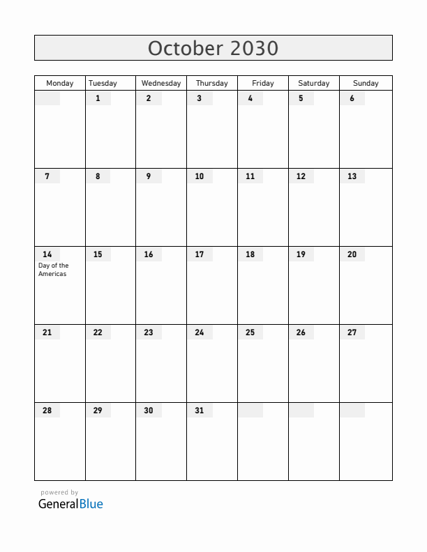 Belize October 2030 Calendar with Holidays