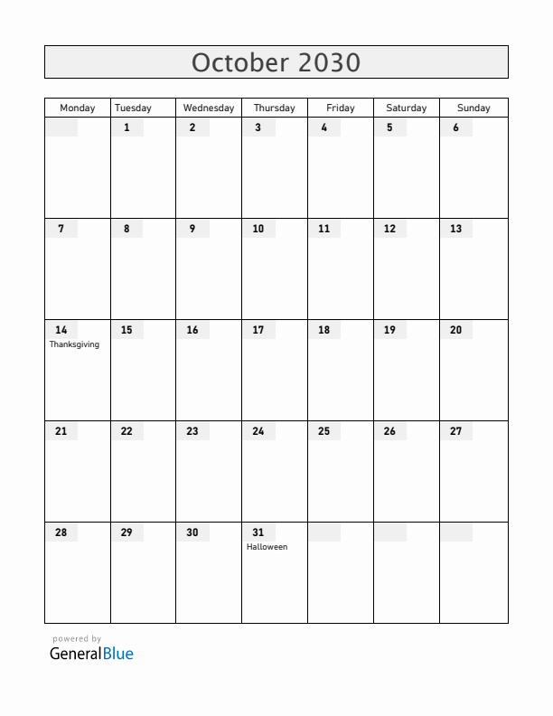 Canada October 2030 Calendar with Holidays