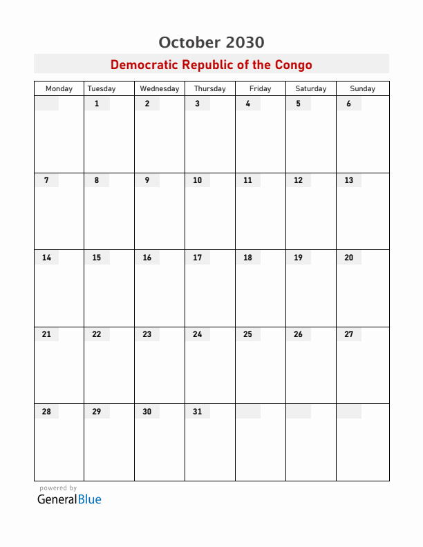 Democratic Republic of the Congo October 2030 Calendar with Holidays