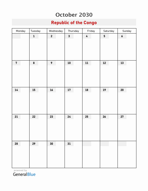 Republic of the Congo October 2030 Calendar with Holidays
