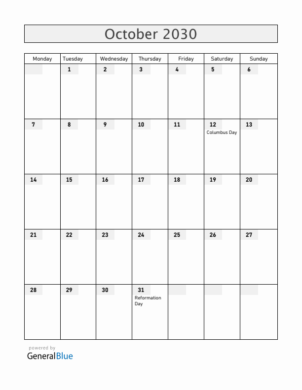 Chile October 2030 Calendar with Holidays