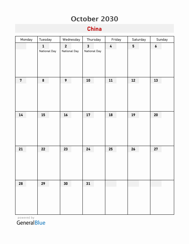 China October 2030 Calendar with Holidays
