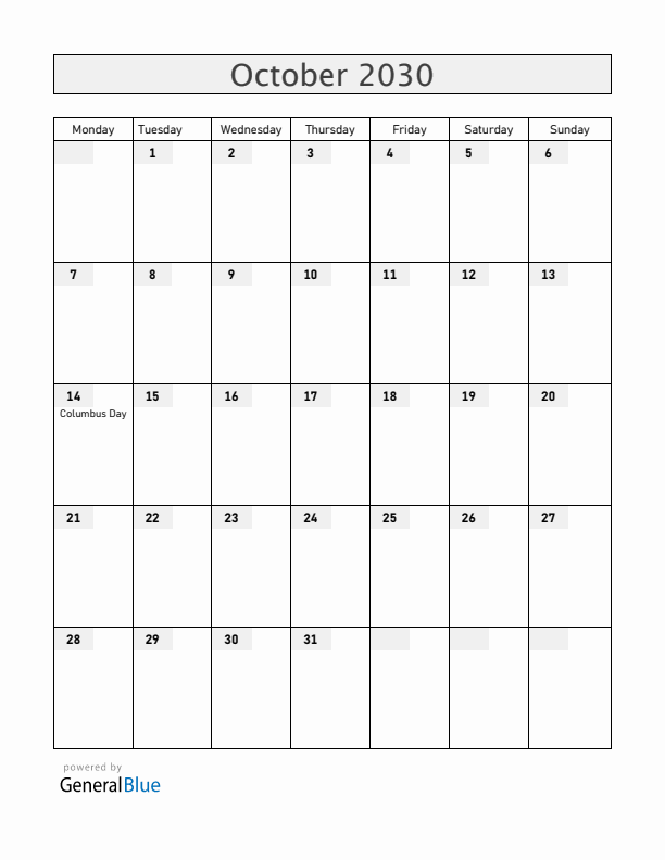 Colombia October 2030 Calendar with Holidays