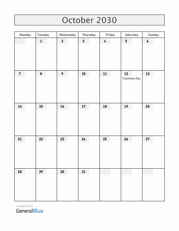 Costa Rica October 2030 Calendar with Holidays