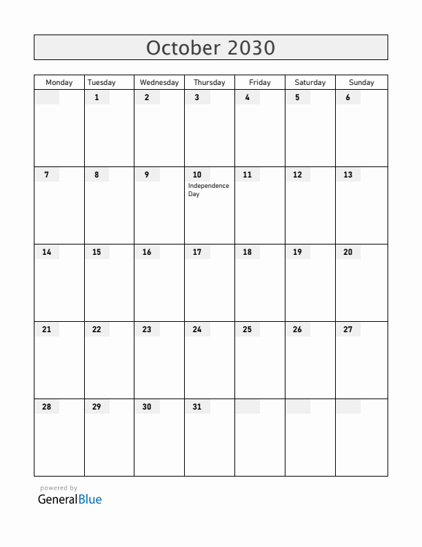 Cuba October 2030 Calendar with Holidays