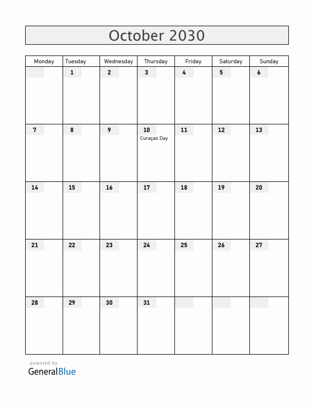 Curacao October 2030 Calendar with Holidays
