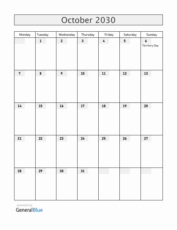 Christmas Island October 2030 Calendar with Holidays