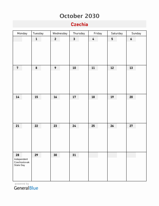 Czechia October 2030 Calendar with Holidays