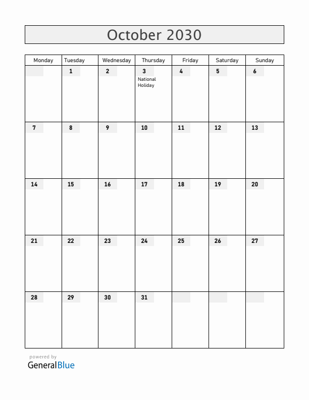 Germany October 2030 Calendar with Holidays