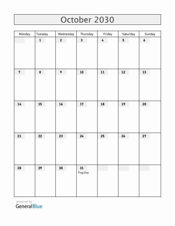Ecuador October 2030 Calendar with Holidays