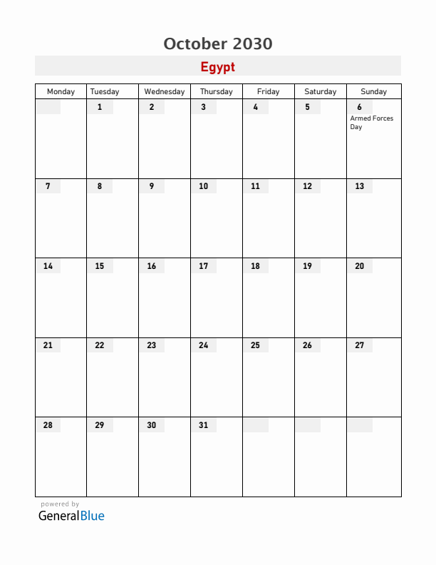 Egypt October 2030 Calendar with Holidays