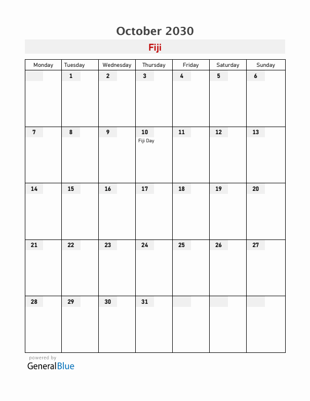Fiji October 2030 Calendar with Holidays