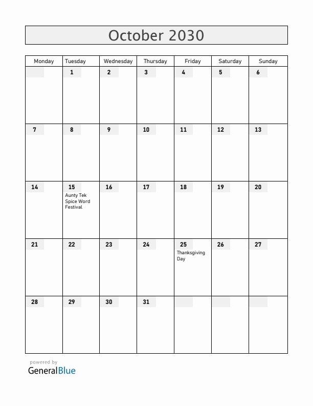 Grenada October 2030 Calendar with Holidays