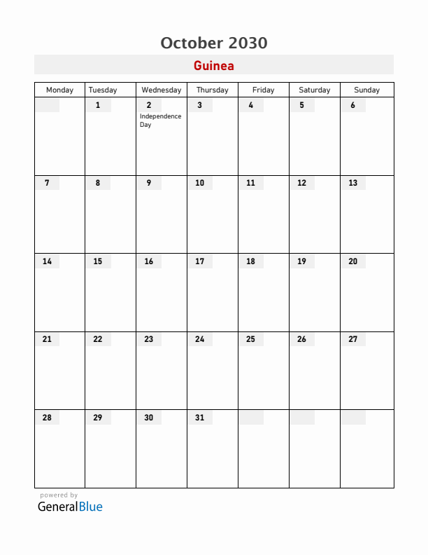 Guinea October 2030 Calendar with Holidays