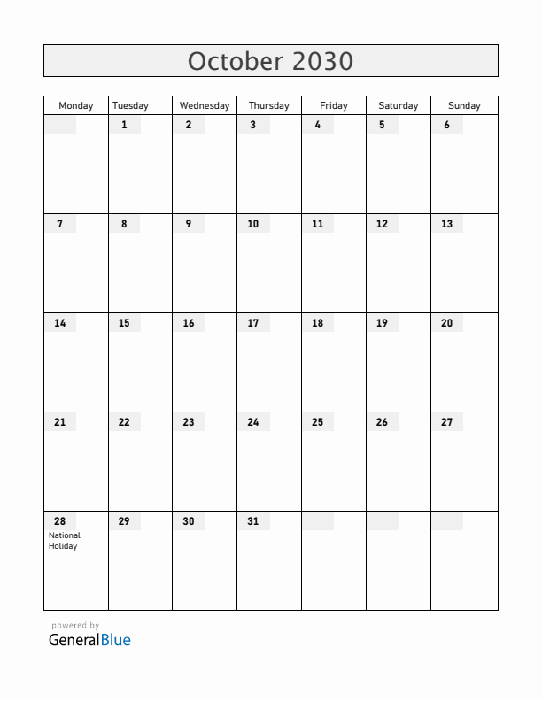 Greece October 2030 Calendar with Holidays