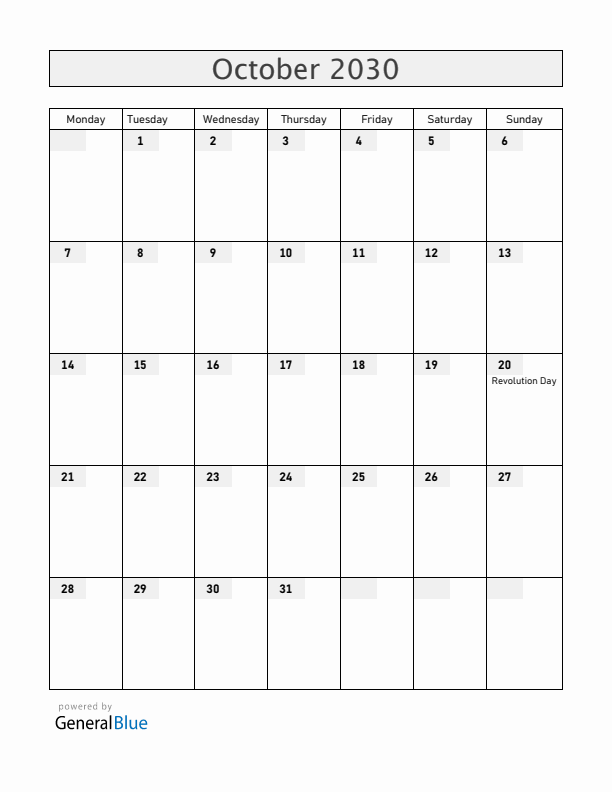 Guatemala October 2030 Calendar with Holidays