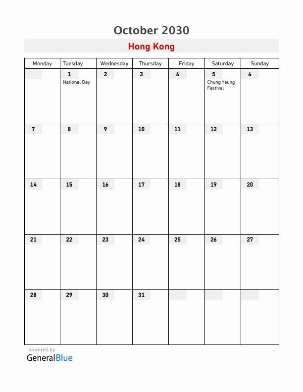 Hong Kong October 2030 Calendar with Holidays