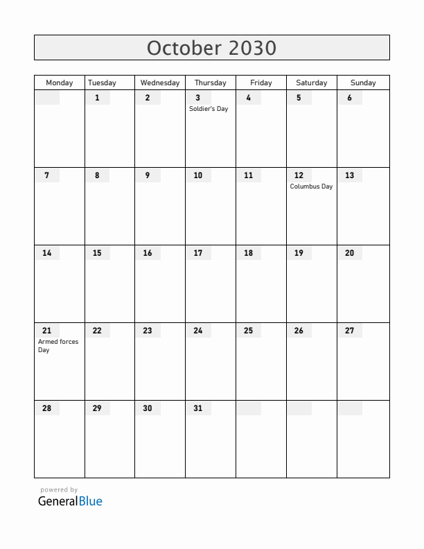 Honduras October 2030 Calendar with Holidays