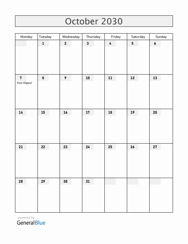 Croatia October 2030 Calendar with Holidays