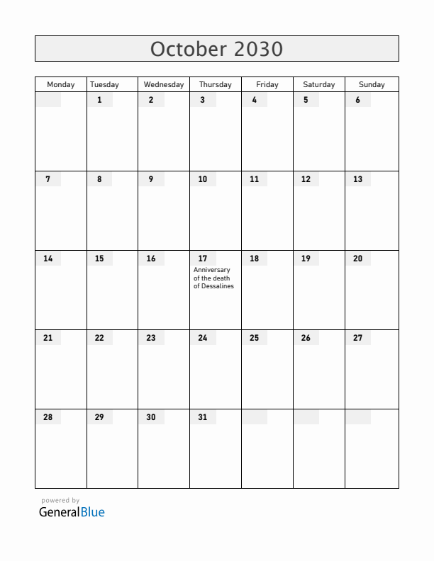 Haiti October 2030 Calendar with Holidays