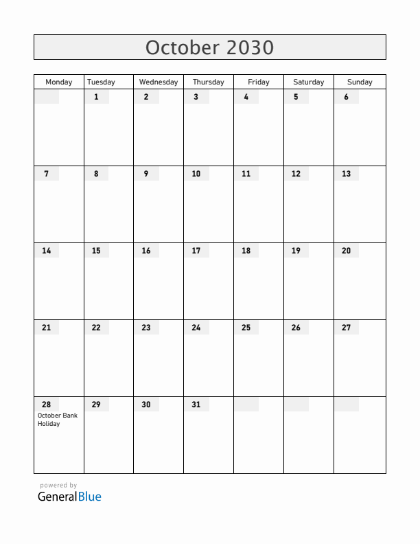 Ireland October 2030 Calendar with Holidays