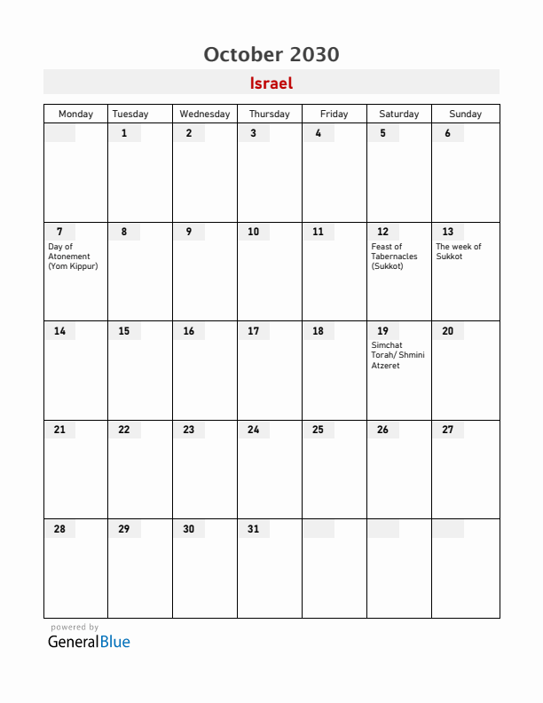 Israel October 2030 Calendar with Holidays