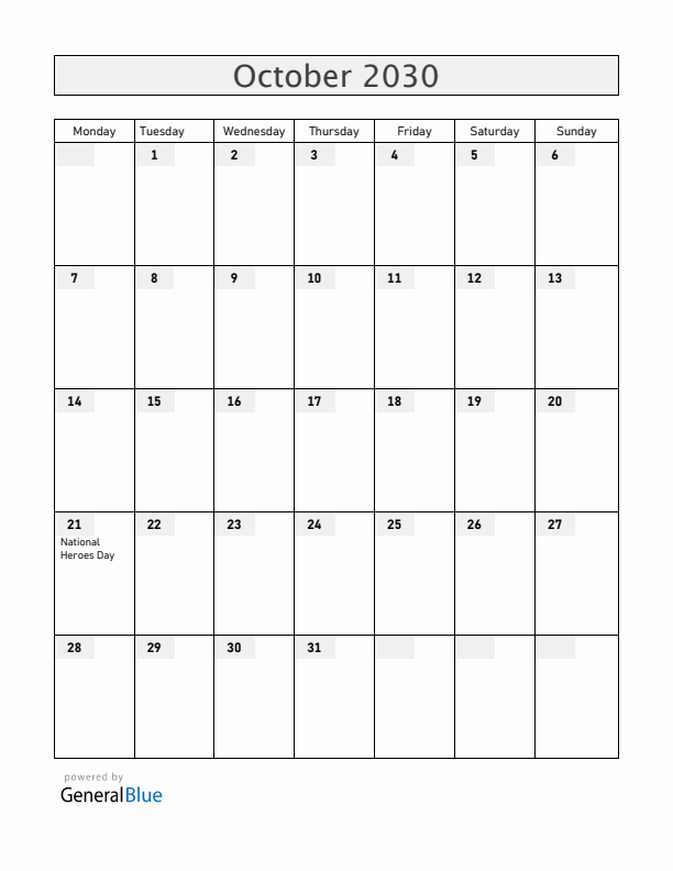 Jamaica October 2030 Calendar with Holidays