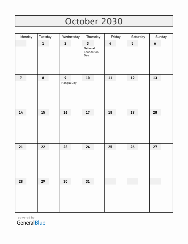 South Korea October 2030 Calendar with Holidays