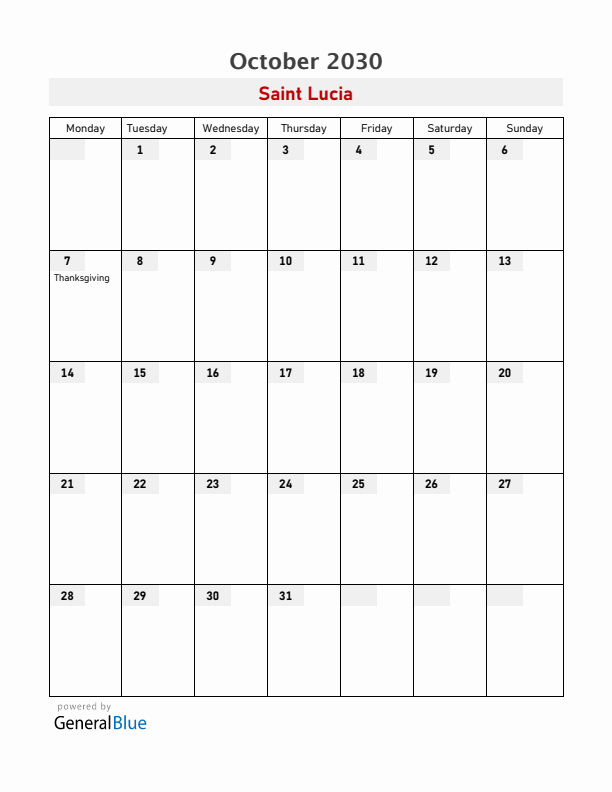 Saint Lucia October 2030 Calendar with Holidays